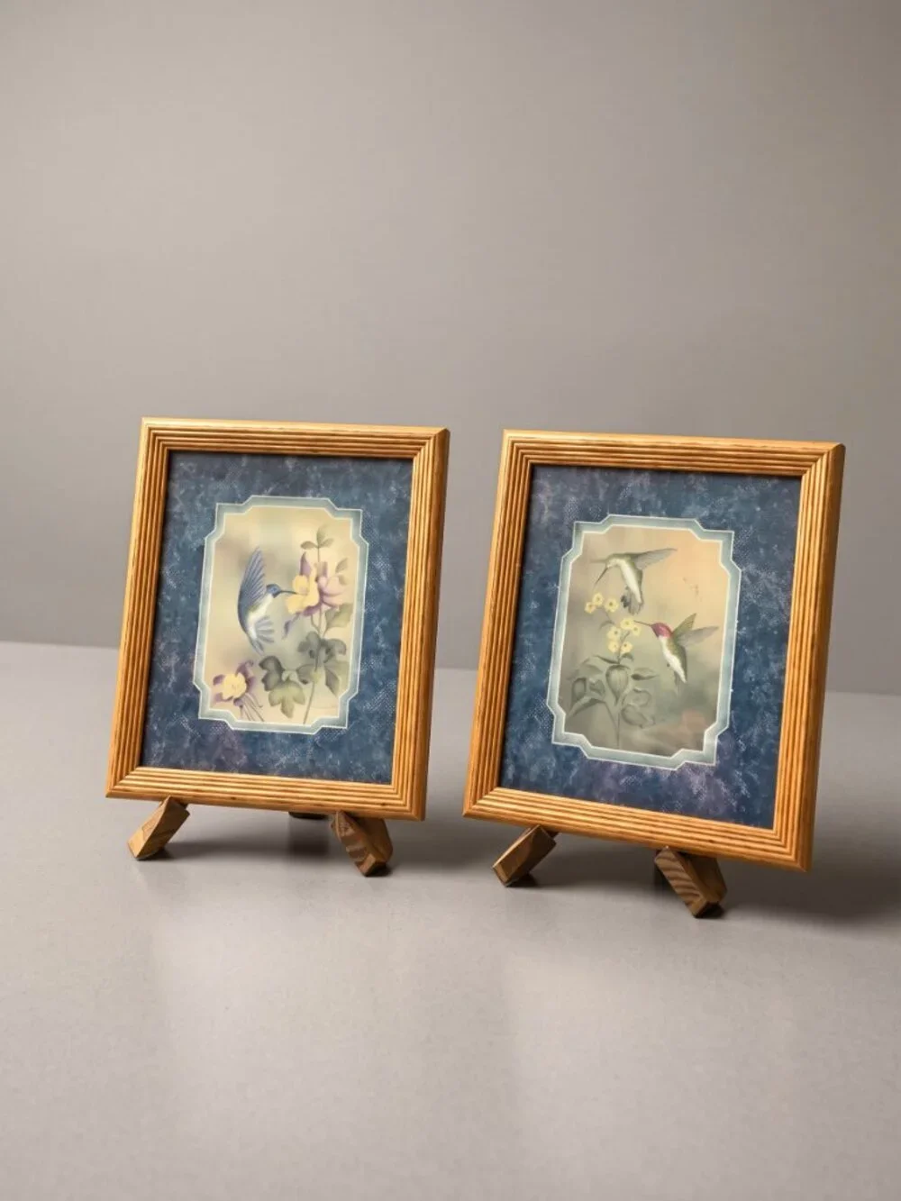 VTG Framed Hummingbird Botanical Prints Set of 2 Wood Frames Cottage Decor